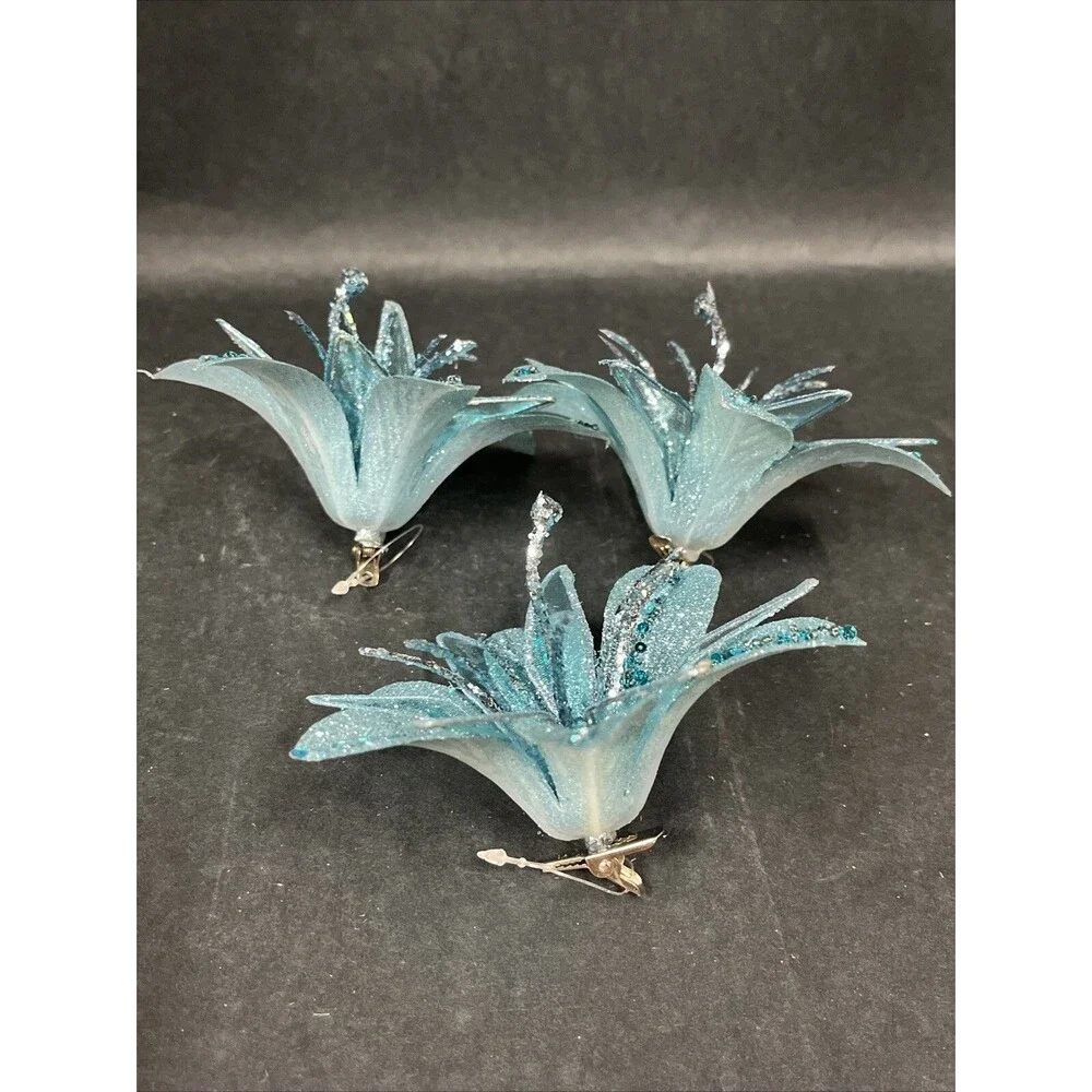 12 Silver/Blue Glittered Christmas Ornaments:Butterflies‎ Dragonfly Bird Flowers